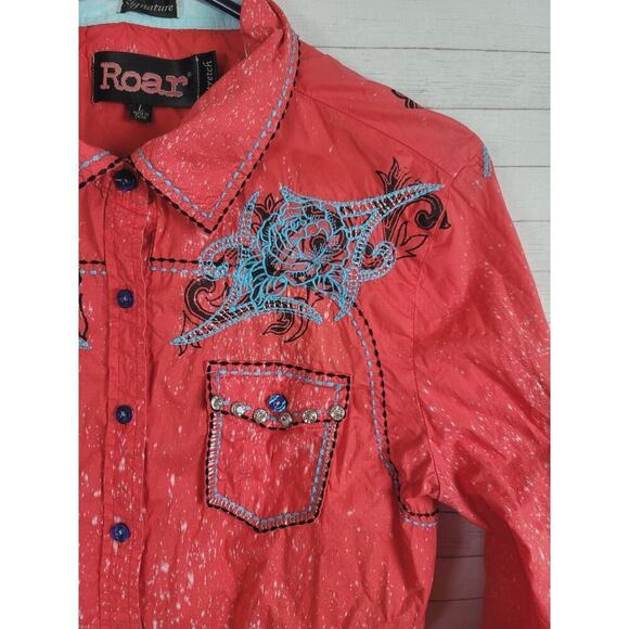 Roar Wild Heart Button Up Shirt in Orange, sz Large - Picture 4 of 15